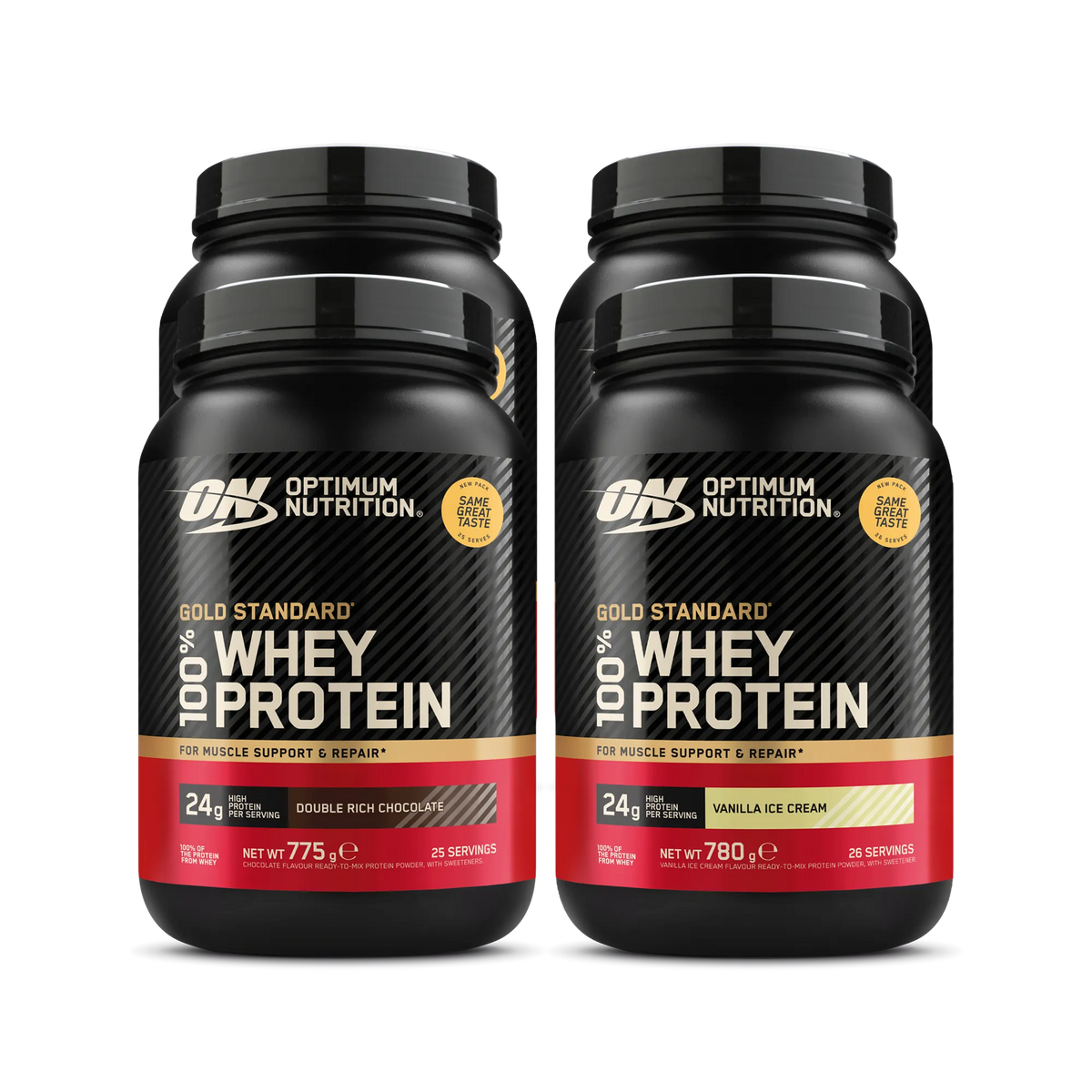 4 x Optimum Nutrition 100% Whey Gold Standard 775 g proteinpulver i svarta burkar med röda och guldiga detaljer., bild 1 av 1