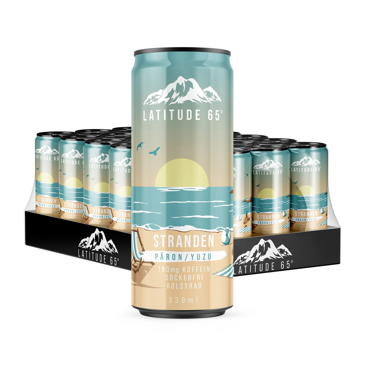 24 x Latitude 65 330 ml Stranden - Päron/Yuzu turkooseissa ranta-aiheisissa tölkeissä mustalla alustalla., kuva 1/1