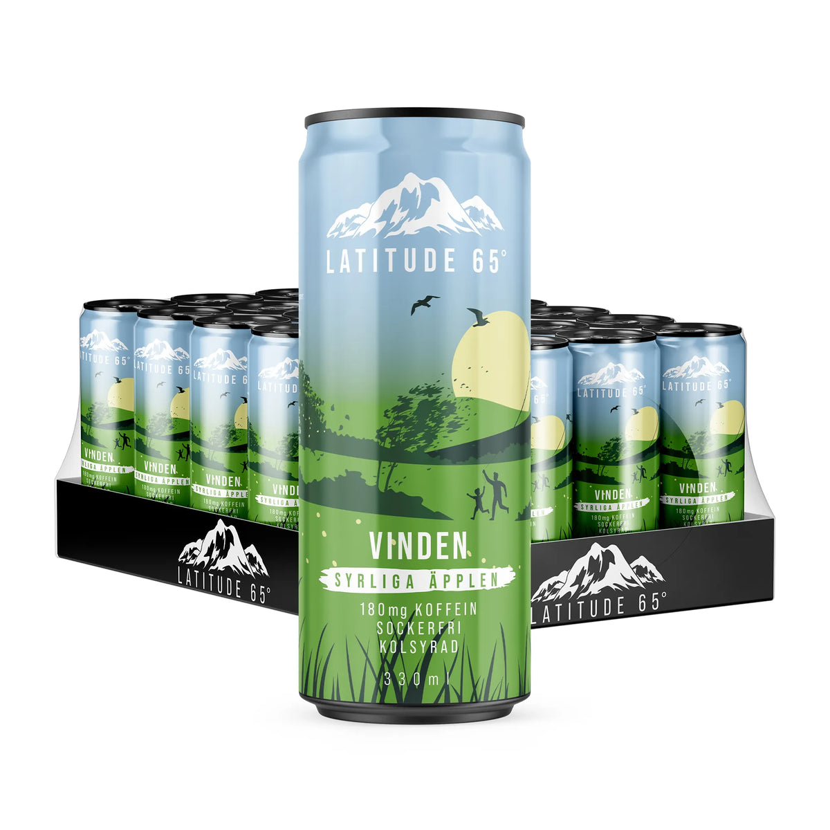 24 x Latitude 65 330 ml Vinden - Syrliga äpplen energidryck i ljusblå och gröna burkar presenterade på ett svart flak., bild 1 av 1