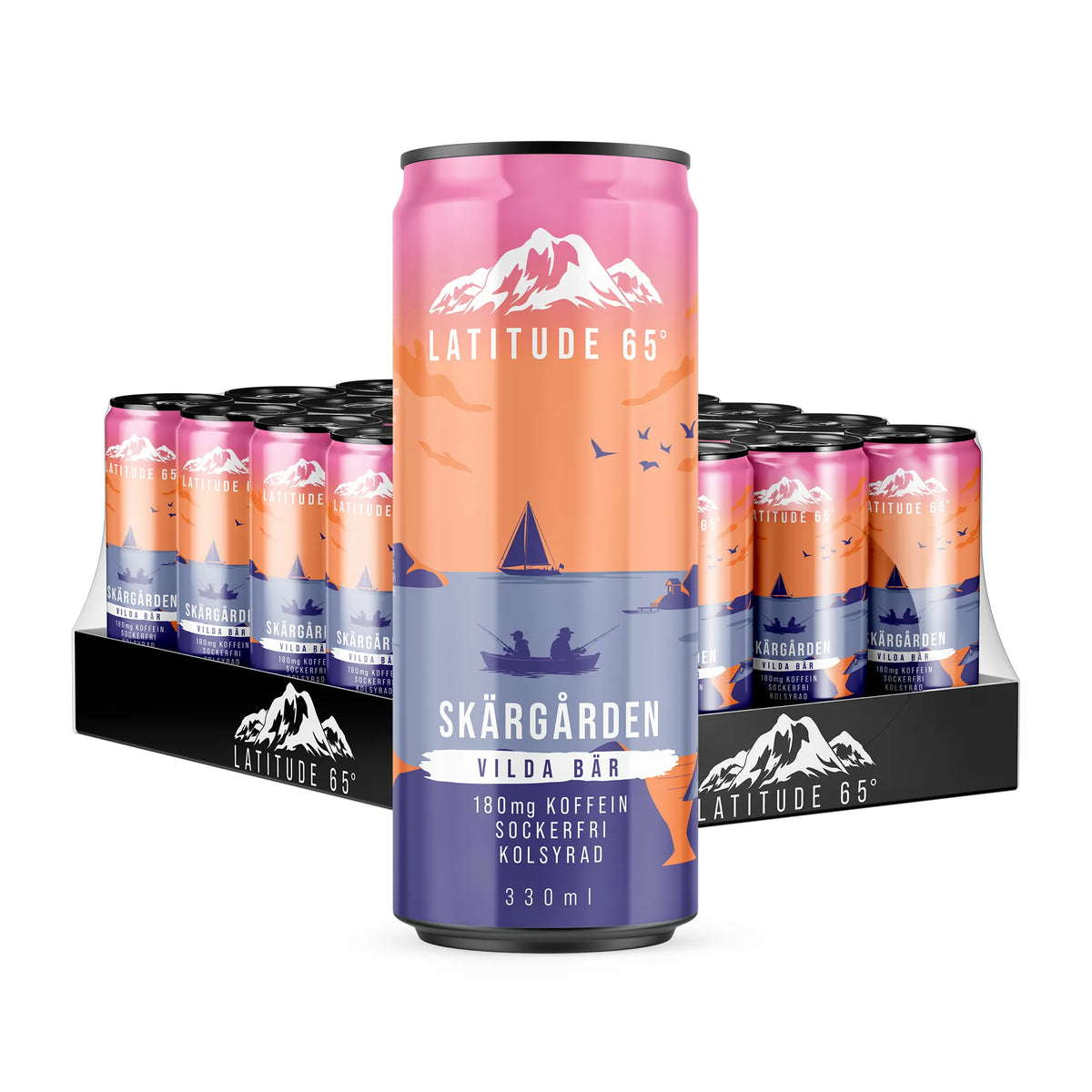 24 x Latitude 65 330 ml Skärgården - Vilda bär -funktiojuomat mustalla lavalla vaaleanpuna-sinisissä tölkeissä., kuva 1/1