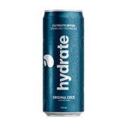 Hydrate 330 ml -kookosvesi tummansinisessä metallitölkissä vesipisaroilla, makuna Original Coco.