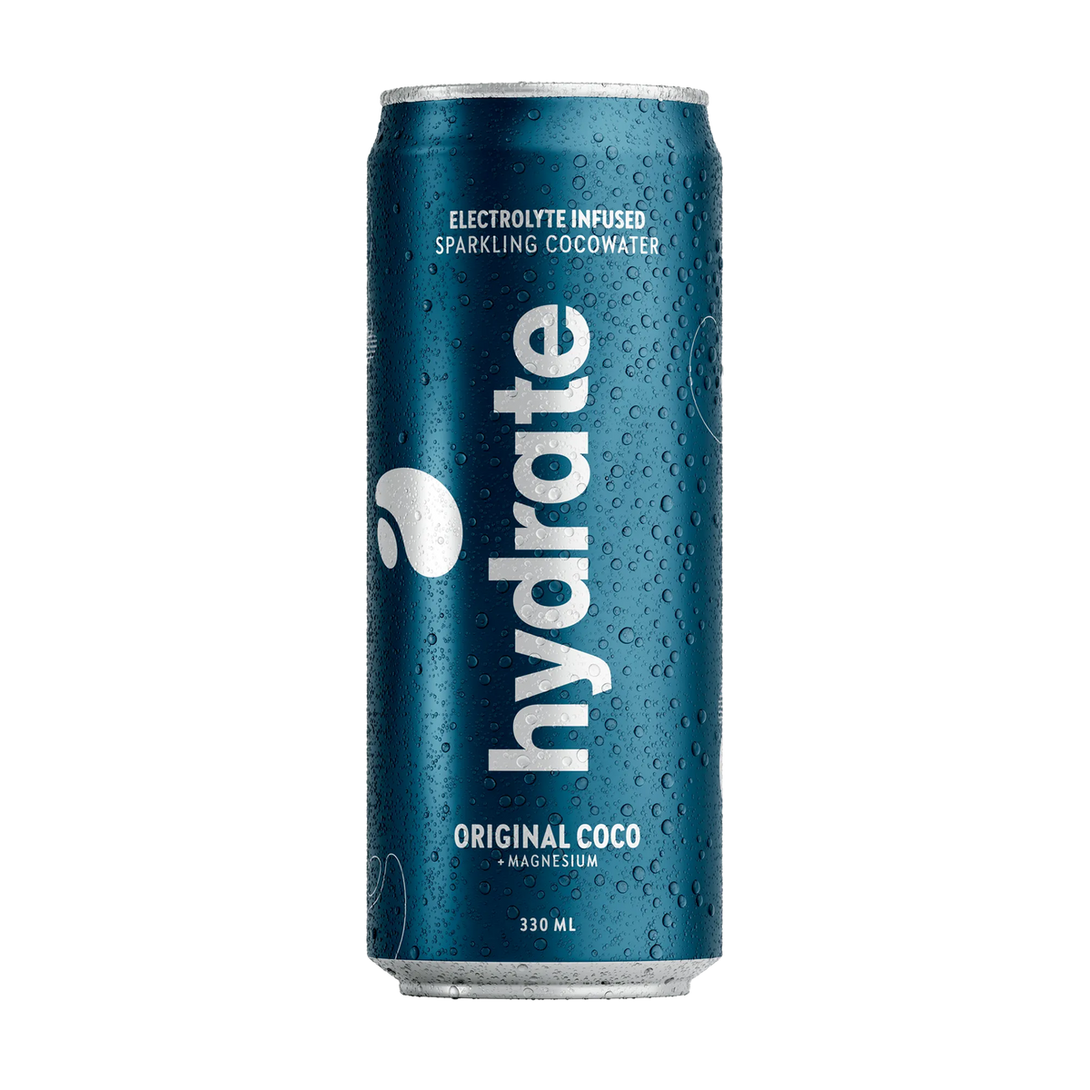 Hydrate 330 ml -kookosvesi tummansinisessä metallitölkissä vesipisaroilla, makuna Original Coco., kuva 1/3