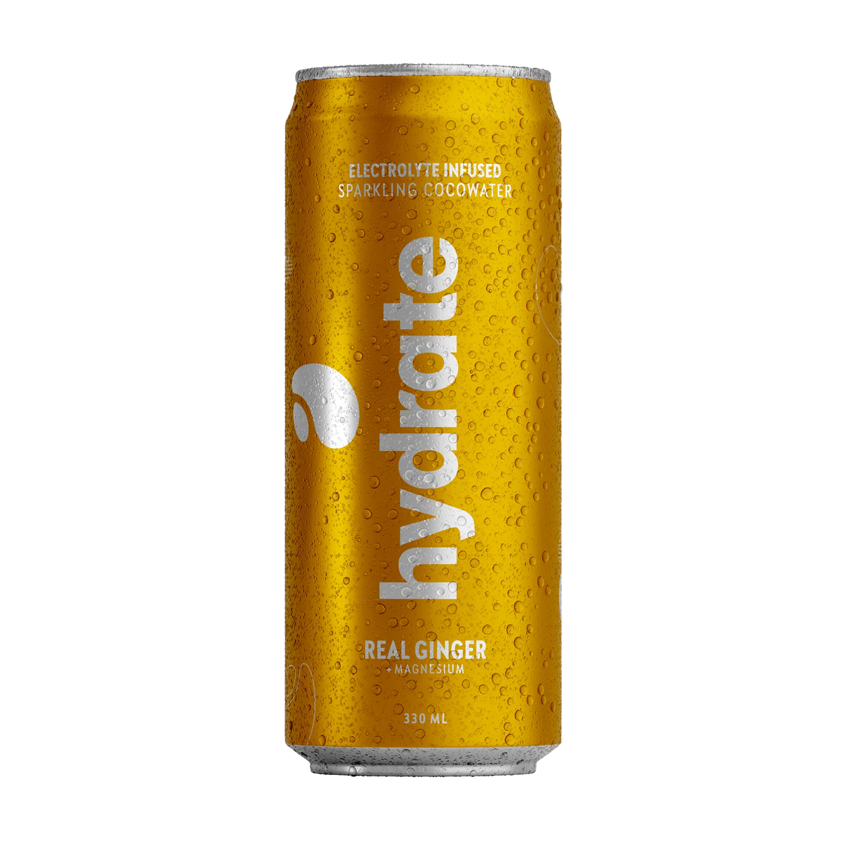 Hydrate 330 ml -kuplivaa kookosvettä keltaisessa, kondenssipisaroiden peittämässä tölkissä, makuna Real Ginger.