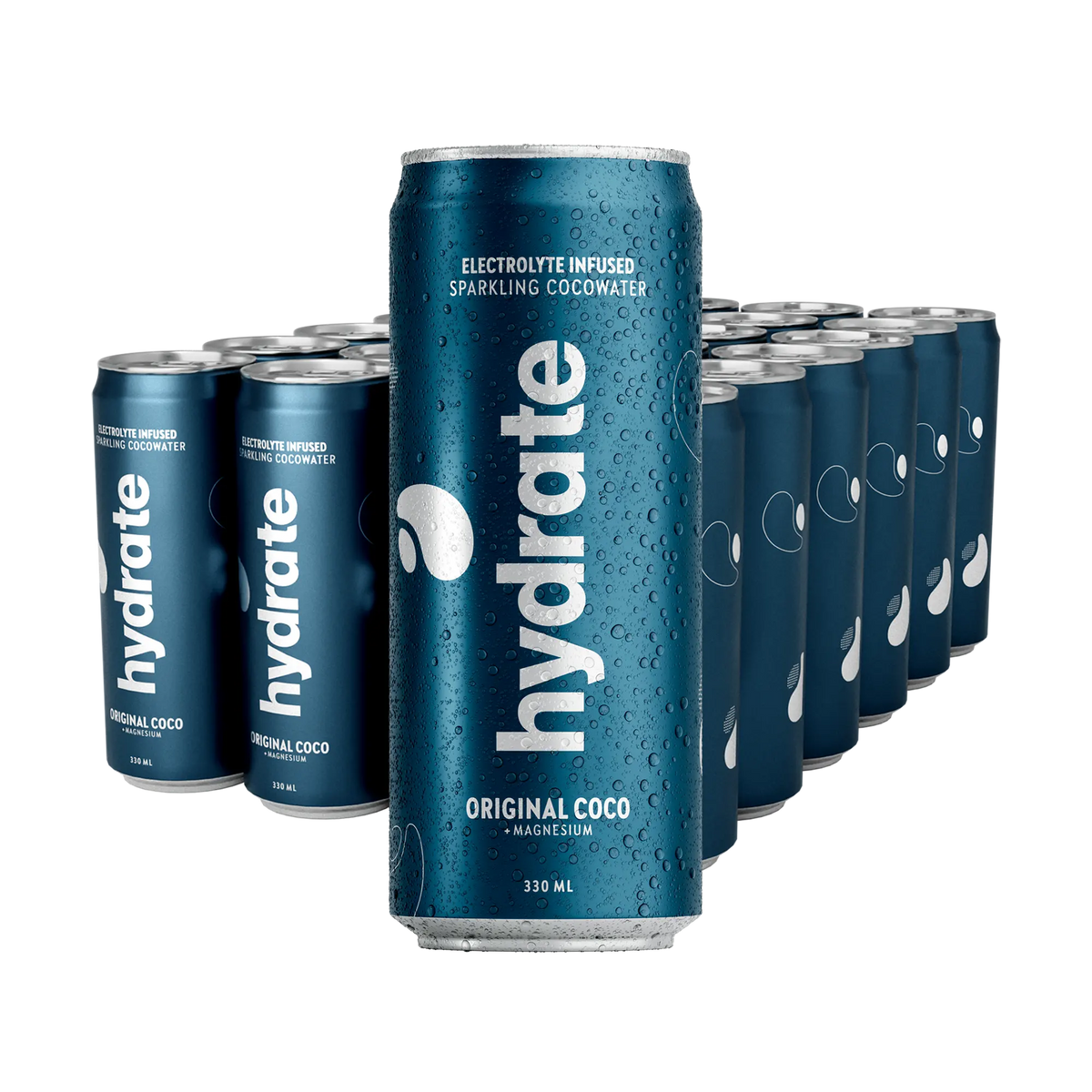 24 x Hydrate 330 ml Original Coco tummansinisissä tölkeissä, joissa on valkoinen teksti ja raikastavia vesipisaroita., kuva 1/1