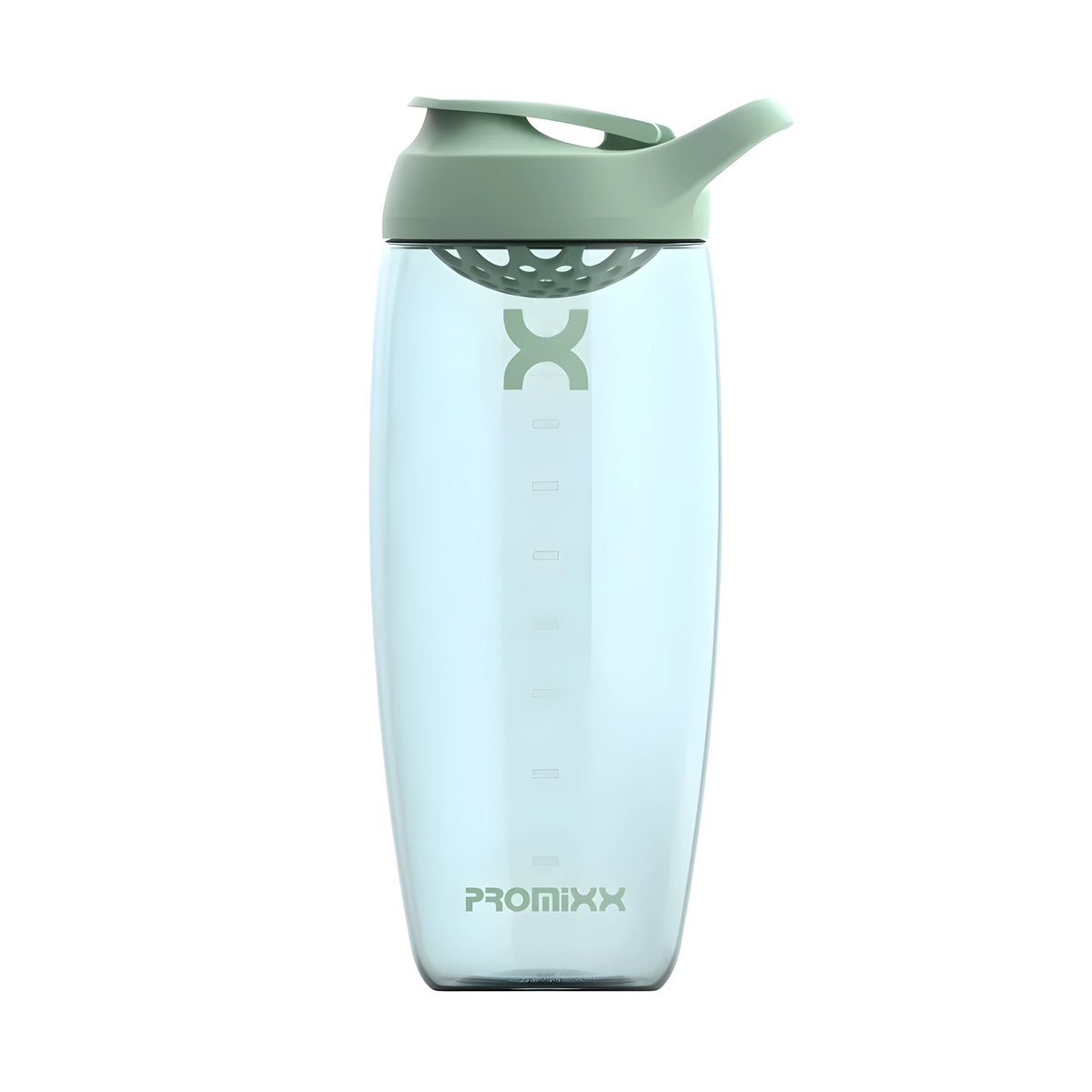 ProMixx Pursuit Shaker Bottle 950 ml on läpinäkyvä shaker Seagrass Green -värisellä urheilukorkilla.