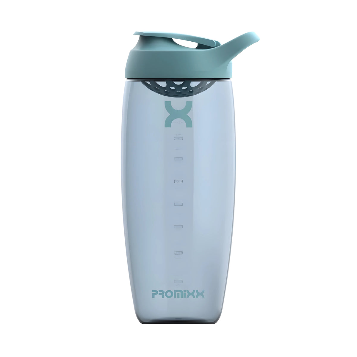 ProMixx Pursuit Shaker Bottle 950 ml -shaker, jossa on läpinäkyvä lasimainen pinta, sekoitin ja vaaleanvihreä kansi.