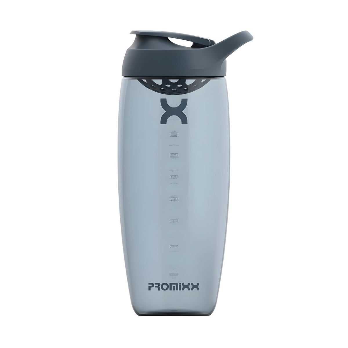 Grå ProMixx Pursuit Shaker Bottle 950 ml i transparent design med mörkgrått sportlock och bärloop., bild 3 av 4