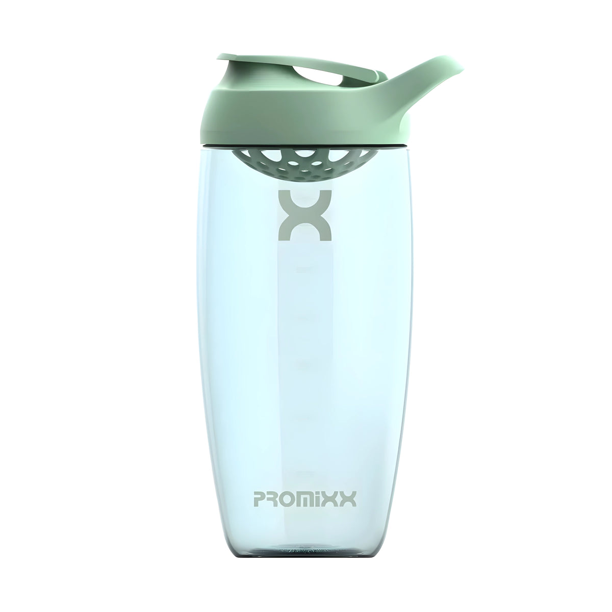 Kirkas ProMixx Pursuit Shaker Bottle 700 ml -shaker vaaleanvihreällä kannella ja integroidulla sekoittimella.