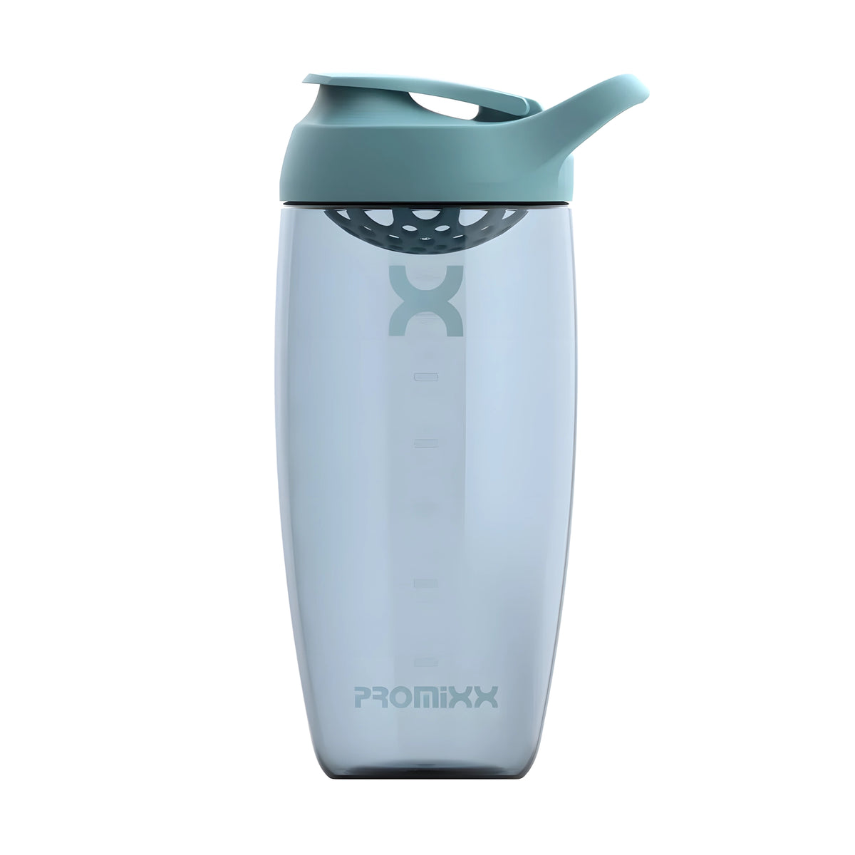ProMixx Pursuit Shaker Bottle 700 ml on läpinäkyvä ECOZEN-shakerpullo sinisellä kannella ja integroidulla sekoittimella., kuva 2/4