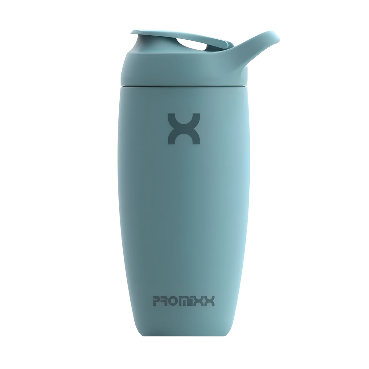 ProMixx Pursuit Double Wall Steel 550 ml -shakerpullo, jossa on sinivihreä soft-touch-silikonipinta ja urheilukorkki., kuva 1/5