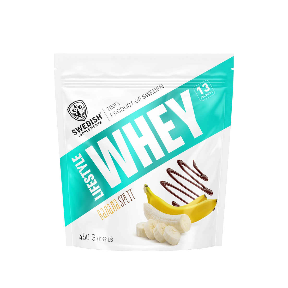 Swedish Supplements Lifestyle Whey 450 g -proteiinijauhe valko-turkoosissa pussissa, makuna Banana Split.
