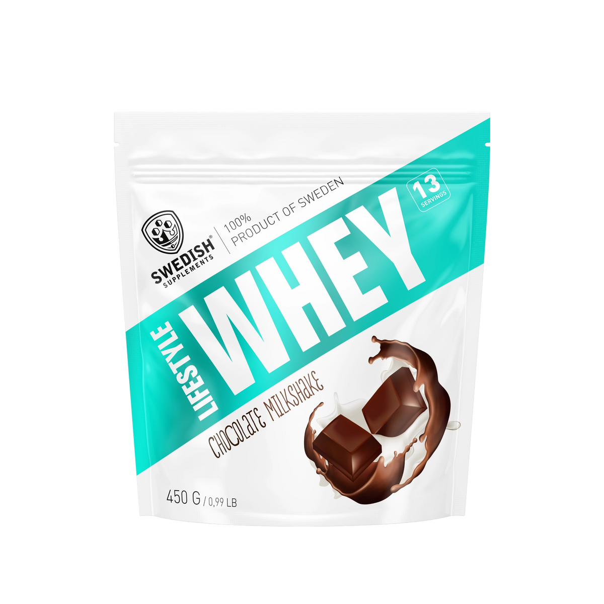 Swedish Supplements Lifestyle Whey 450 g -proteiinijauhe valko-turkoosissa pussissa, makuna Chocolate Milkshake.