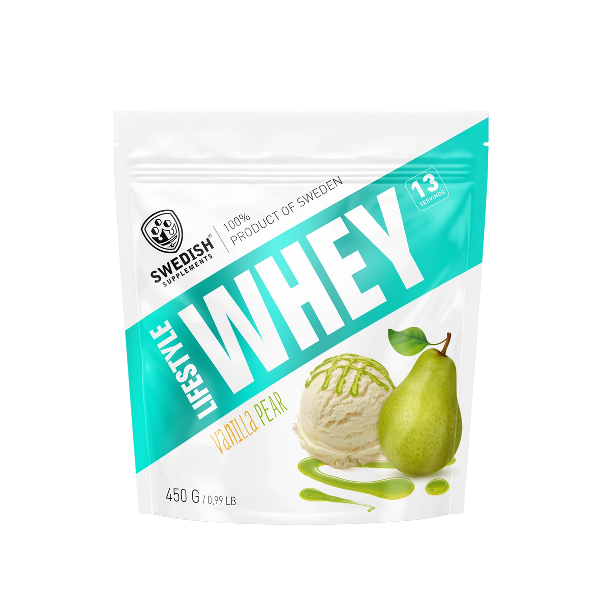 Swedish Supplements Lifestyle Whey 450 g -proteiinijauhe valko-turkoosissa pussissa, makuna Vanilla Pear., kuva 8/8