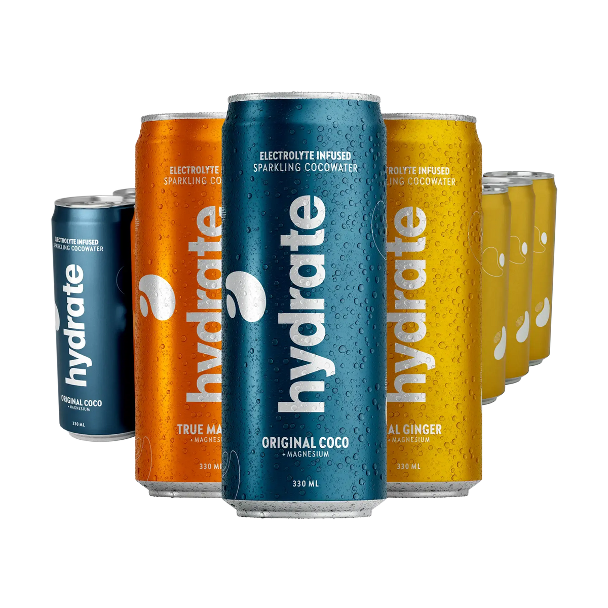 24 x Hydrate 330 ml Mix-lava, joka sisältää kylmiä sinisiä, oransseja ja keltaisia tölkkejä eri mauissa.