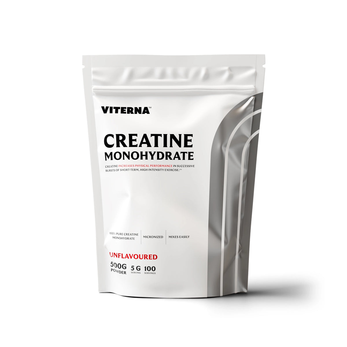 Viterna Ignited Pure Creatine 500 g -kreatiinijauhe valkoisessa pussissa punaisilla yksityiskohdilla, maustamaton.