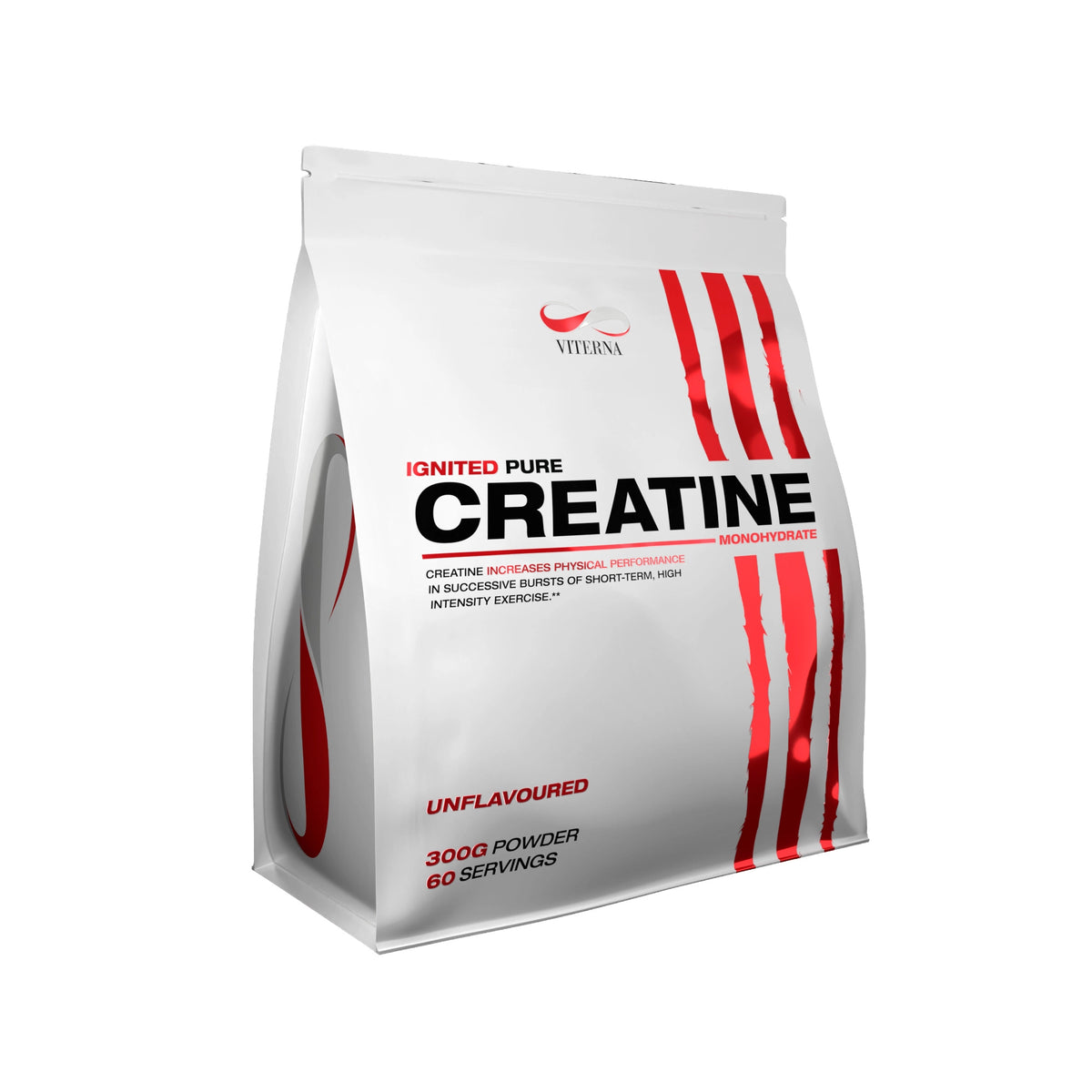 Viterna Ignited Pure Creatine 300 g -kreatiinijauhe valkoisessa pussissa punaisilla yksityiskohdilla, maustamaton., kuva 1/1