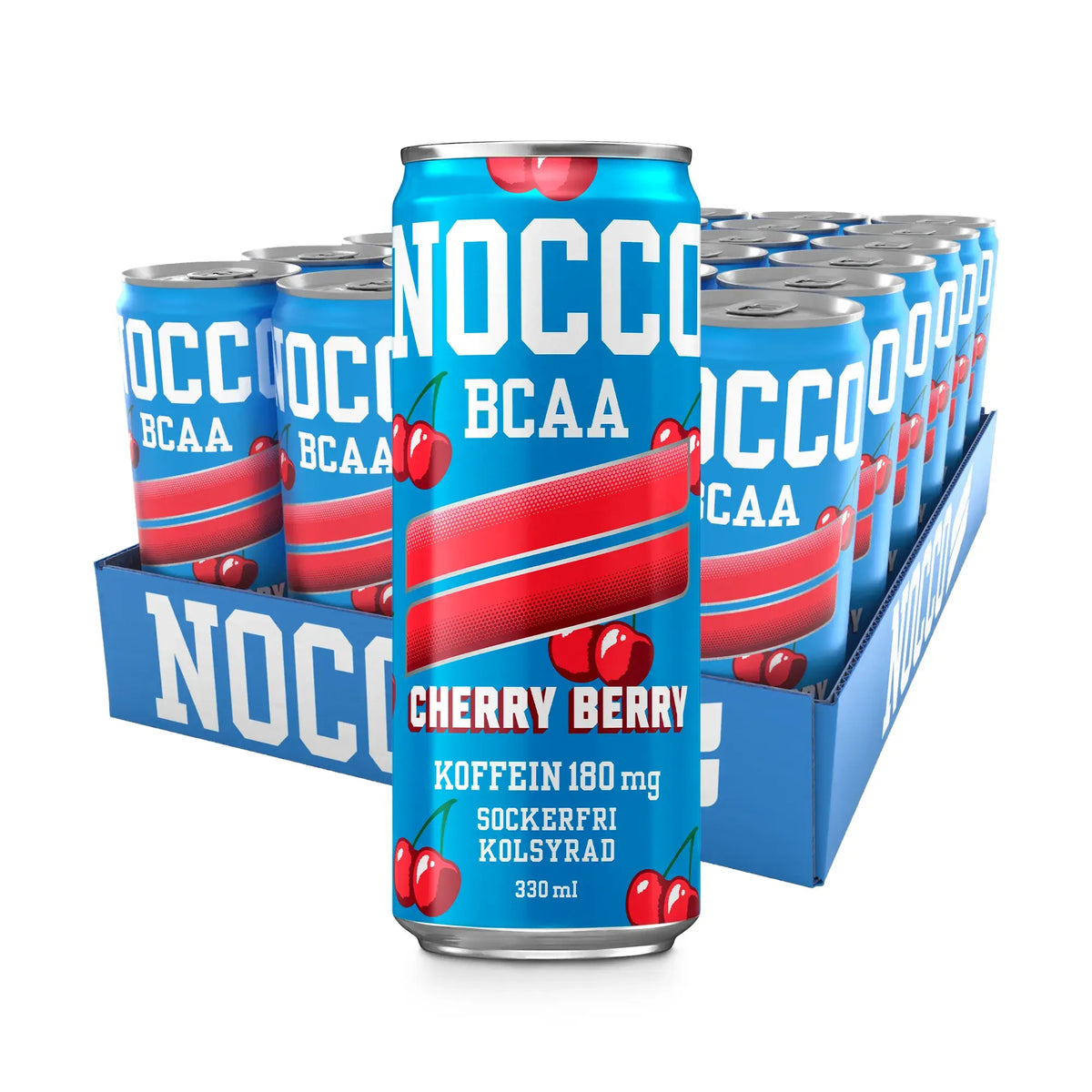 24 x NOCCO BCAA 330 ml Cherry Berry lavassa vaaleansinisillä tölkeillä ja punaisilla kirsikkakuvioilla., kuva 1/1