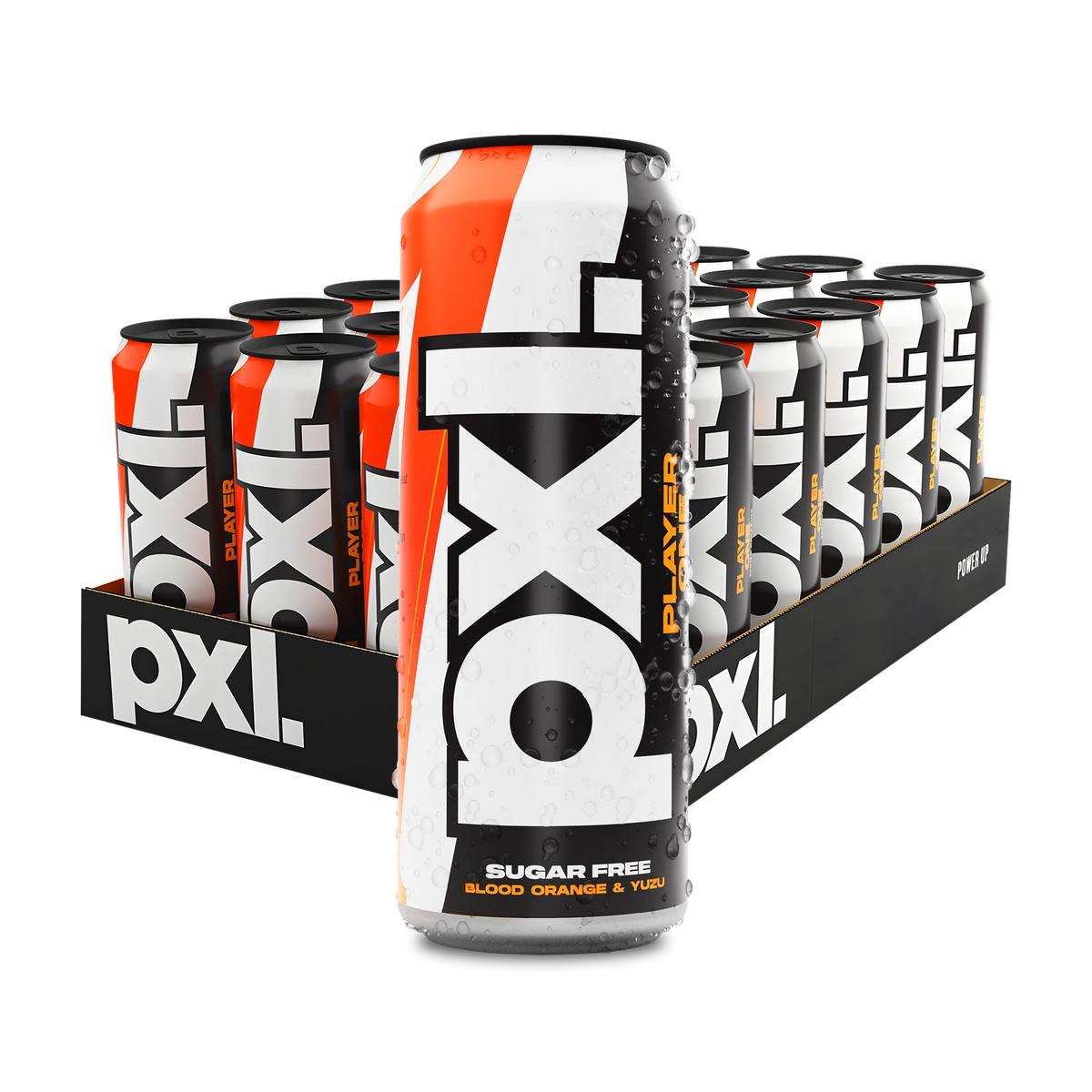 24 x PXL Energy 500 ml Player One -energiajuoma lavassa, jossa on valkoisia, mustia ja oransseja tölkkejä, makuna veriappelsiini., kuva 1/1