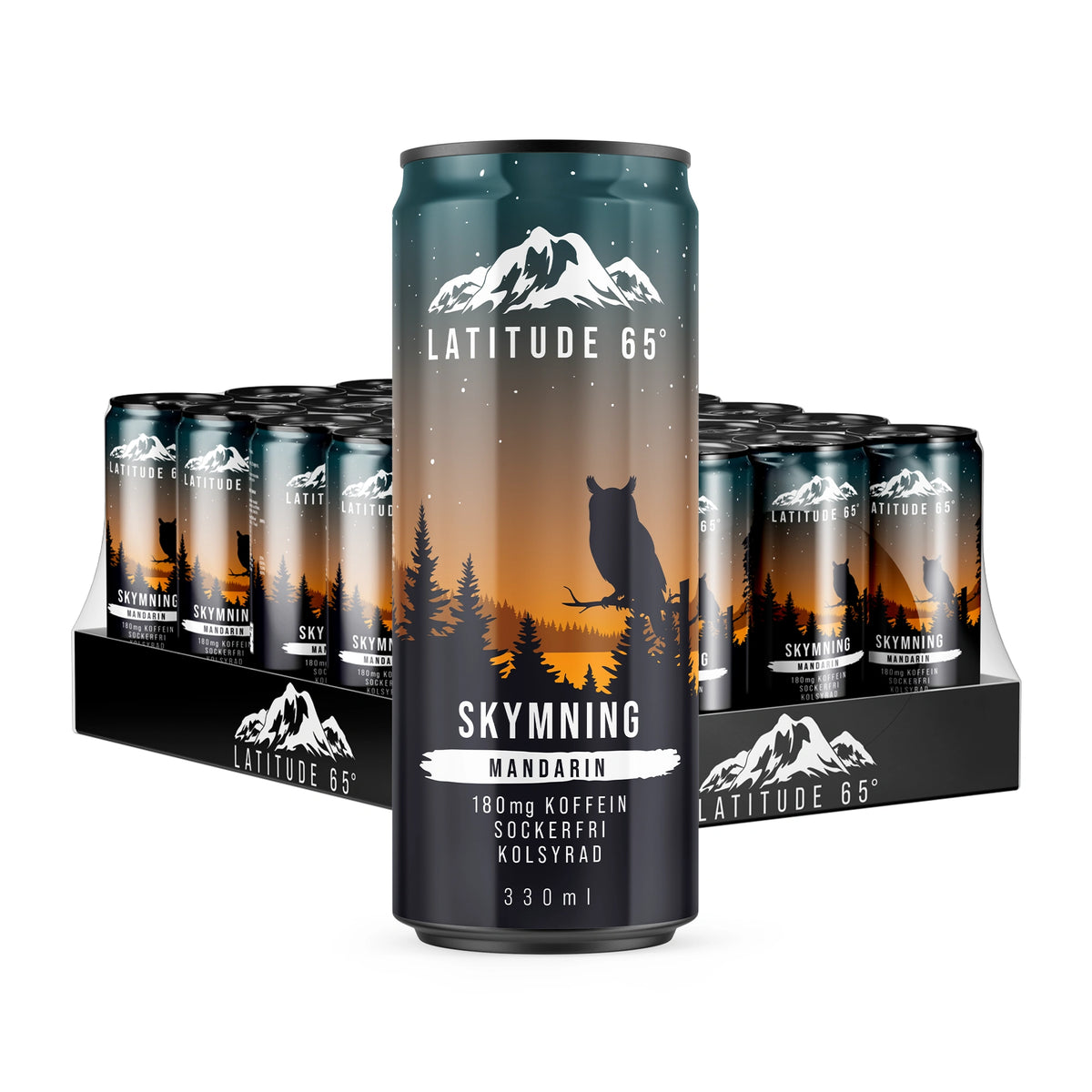 24 x Latitude 65 330 ml Skymning - Mandariini -hiilihapotettu juoma 24 kappaleen pakkauksessa mustilla tölkeillä ja oranssilla hämäräkuvituksella., kuva 1/1