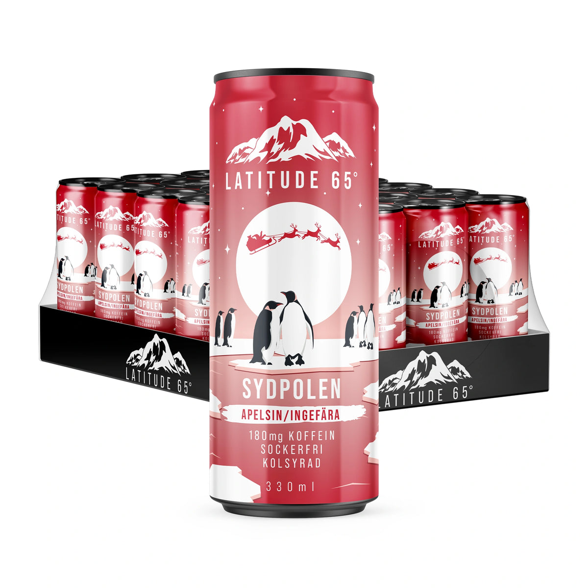 24 x Latitude 65 330 ml Sydpolen – Appelsiini/Inkivääri -hiilihapotettu juoma 24 tölkin pakkauksessa punainen tölkki etualalla.