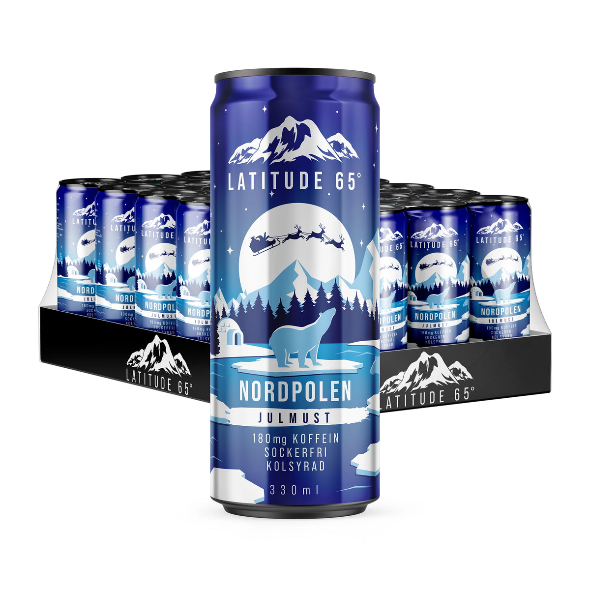 24 x Latitude 65 330 ml Nordpolen - Julmust -hiilihapotettu juoma lavassa sinisissä tölkeissä talviaiheisella kuvituksella.