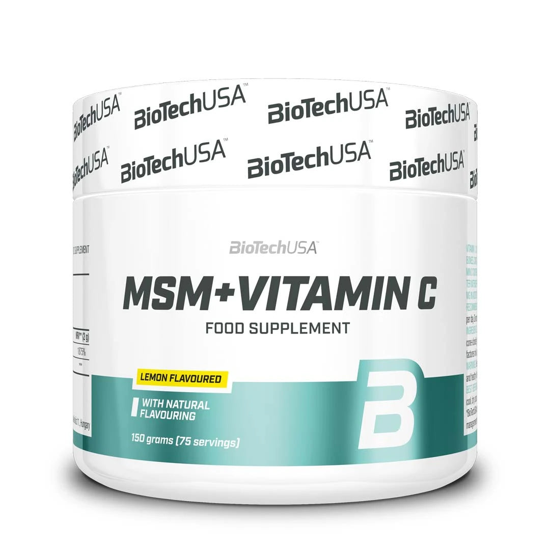 Sitruunanmakuinen BioTechUSA MSM + Vitamin C 150 g -ravintolisäjauhe valkoisessa purkissa turkooseilla yksityiskohdilla., kuva 1/1