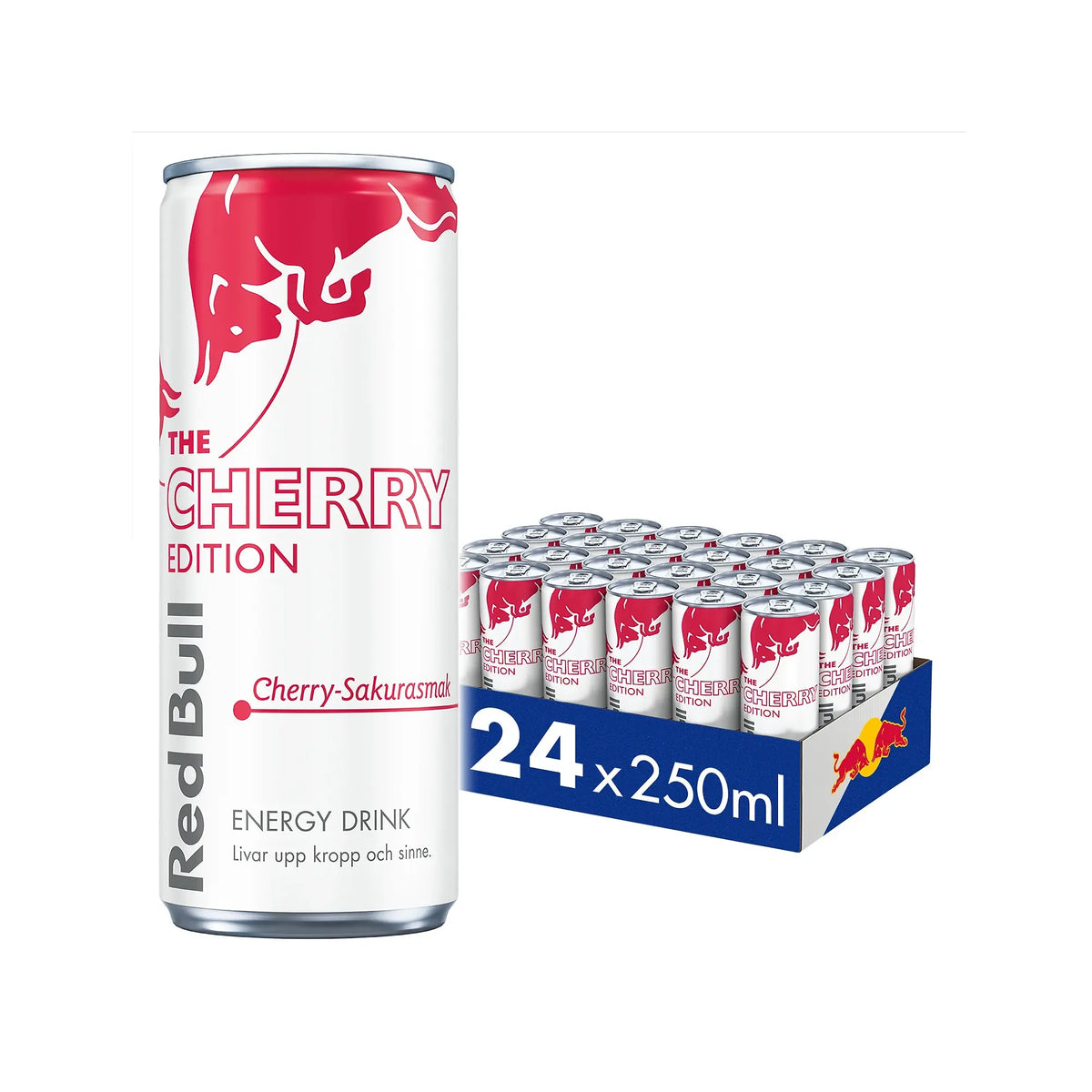 24 x Red Bull 250 ml Spring Edition Cherry-Sakura sinisessä laatikossa valkoisia ja pinkkejä energiajuomatölkkejä.