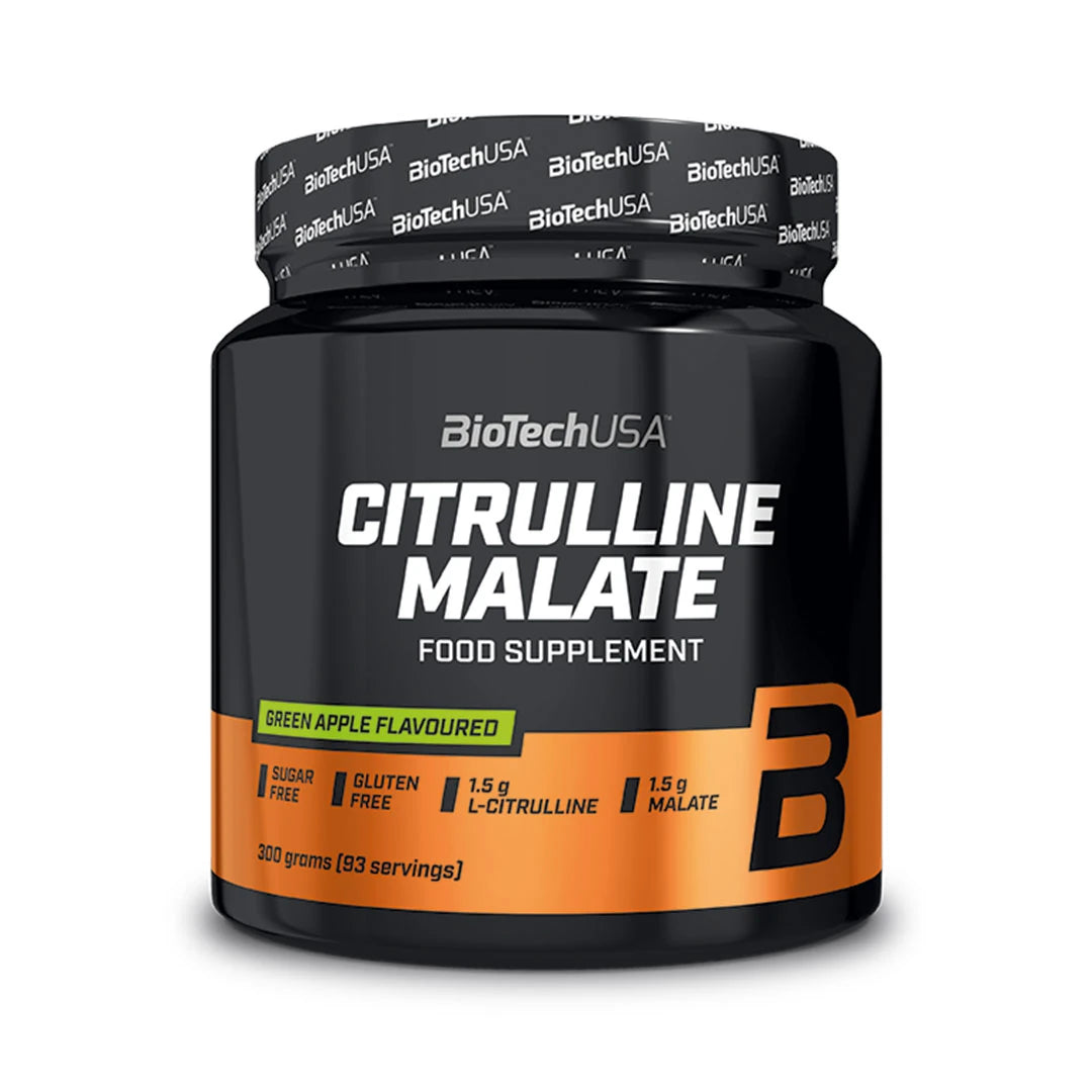 BioTechUSA Citrulline Malate Powder 300 g mustassa ja oranssissa purkissa, makuna vihreä omena., kuva 1/1