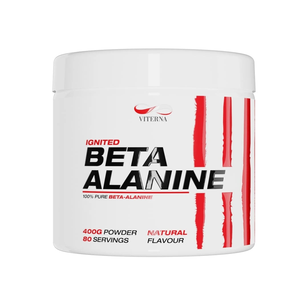 Viterna Beta Alanine Powder 400 g -aminohappojauhe valkoisessa purkissa punaisilla yksityiskohdilla, maustamaton., kuva 1/1