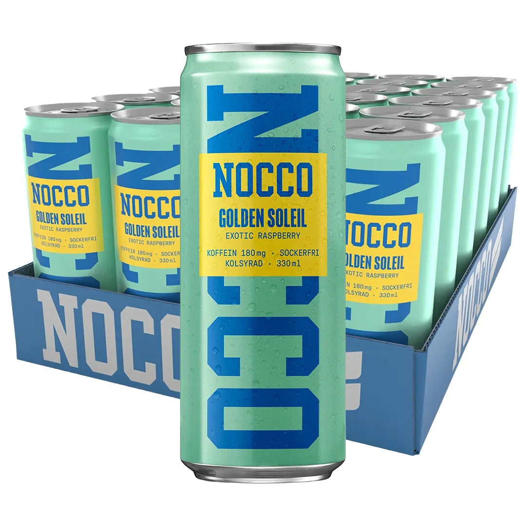 24 x NOCCO Golden Soleil 330 ml sinisessä laatikossa, täynnä vaaleanvihreitä tölkkejä sinikeltaisin yksityiskohdin., kuva 1/1