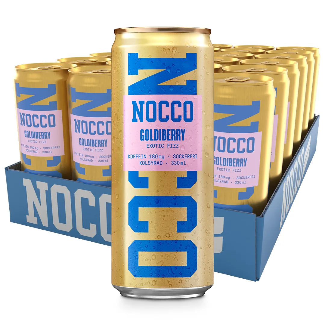 24 x NOCCO Goldiberry 330 ml sinisellä lavalla kultaisia energiajuomatölkkejä sinisillä ja pinkeillä yksityiskohdilla., kuva 1/1