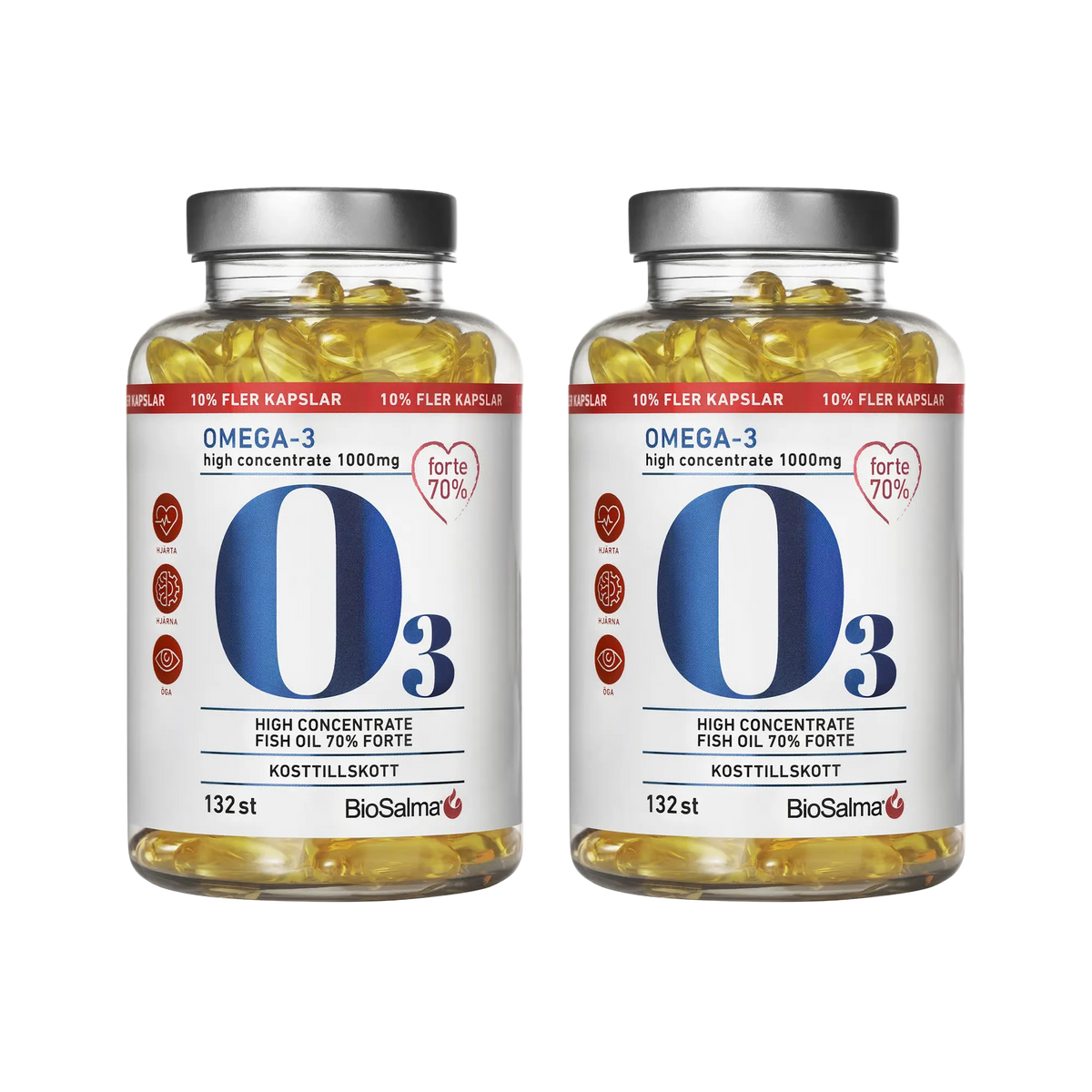 2 x BioSalma Omega-3 Forte 70% 1000 mg 132 caps läpinäkyvissä purkeissa hopeakansilla, täynnä keltaisia kalaöljykapseleita., kuva 1/1
