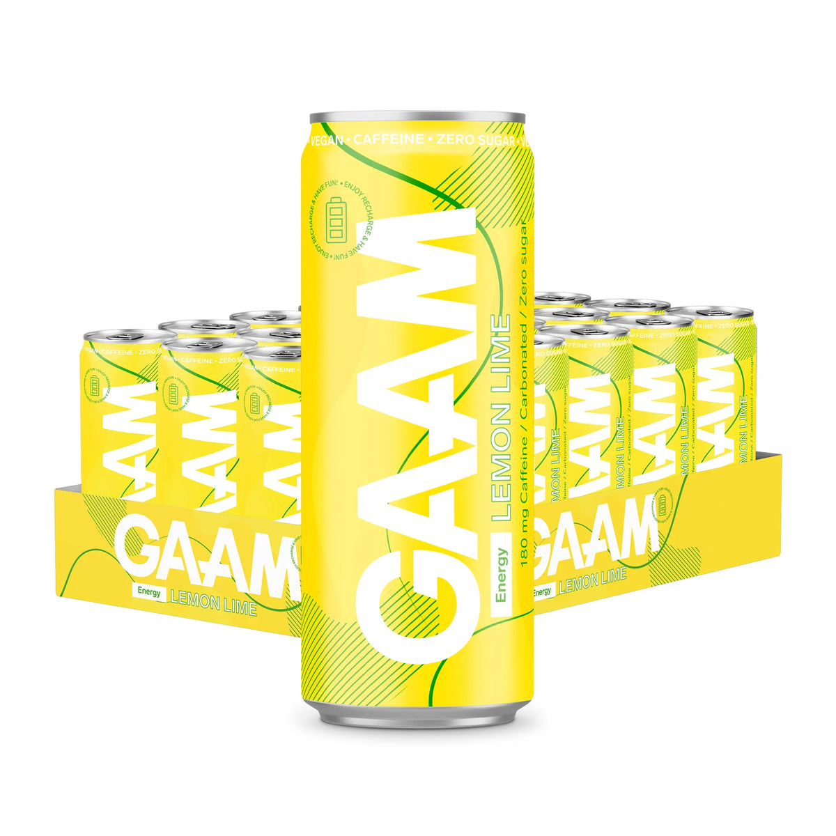 24 x GAAM Energy 330 ml Lemon Lime -energiajuoma keltaisella lavalla täynnä keltaisia tölkkejä vihreillä yksityiskohdilla.