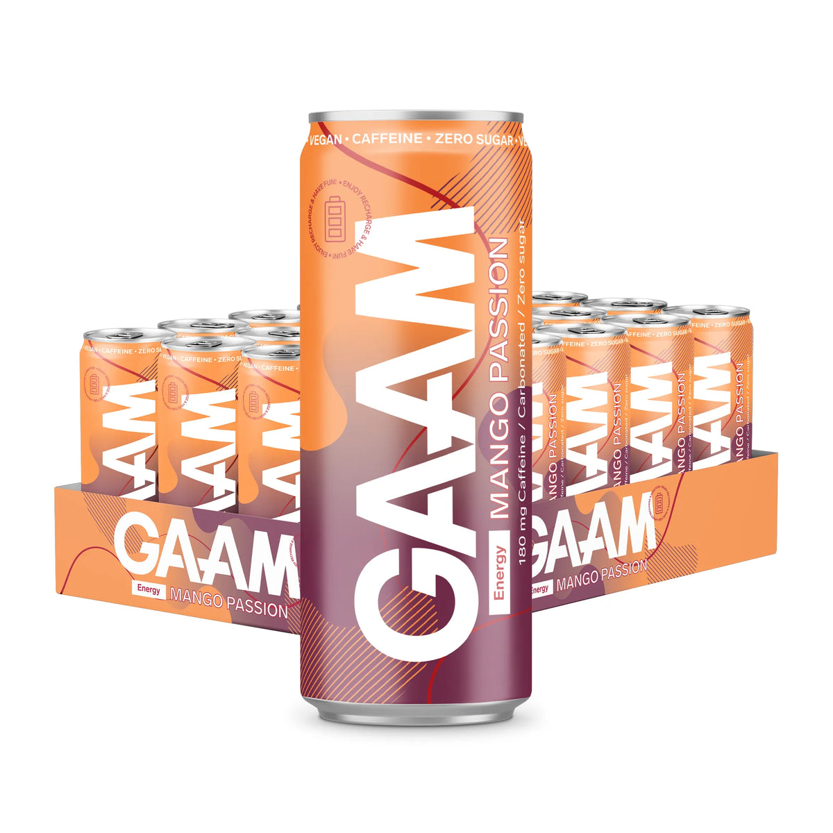 24 x GAAM Energy 330 ml Mango Passion -energiajuoma lavassa oranssi-violeteissa tölkeissä., kuva 1/1