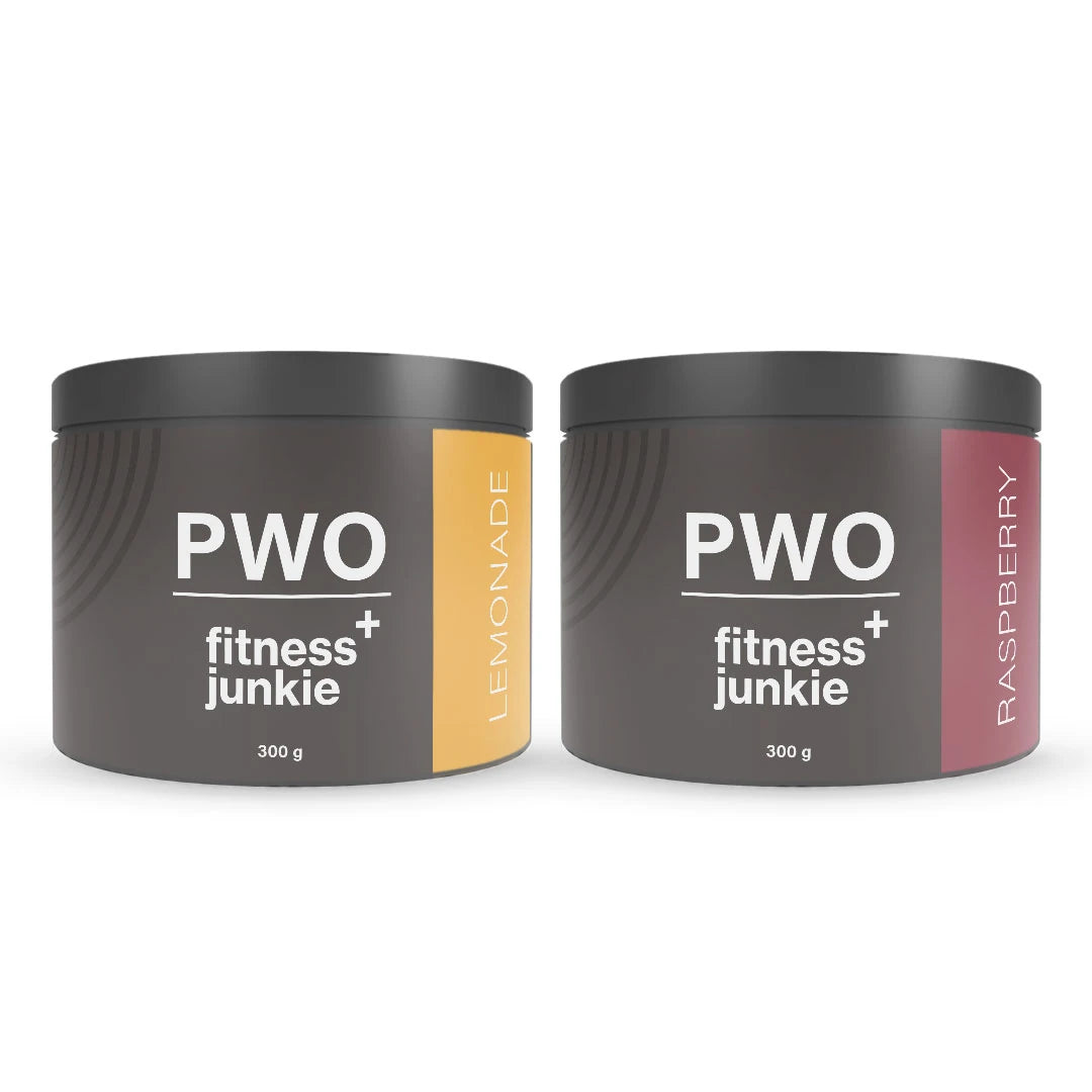 2 x fitnessjunkie PWO 300 g kahdessa tummanharmaassa purkissa väriyksityiskohdilla, makuna Lemonade ja Raspberry., kuva 1/1