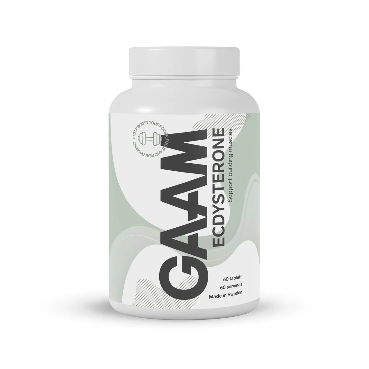 GAAM Ecdysterone 60 tabs -ravintolisä valkoisessa purkissa, jonka etiketissä on vihreitä ja harmaita yksityiskohtia., kuva 1/1