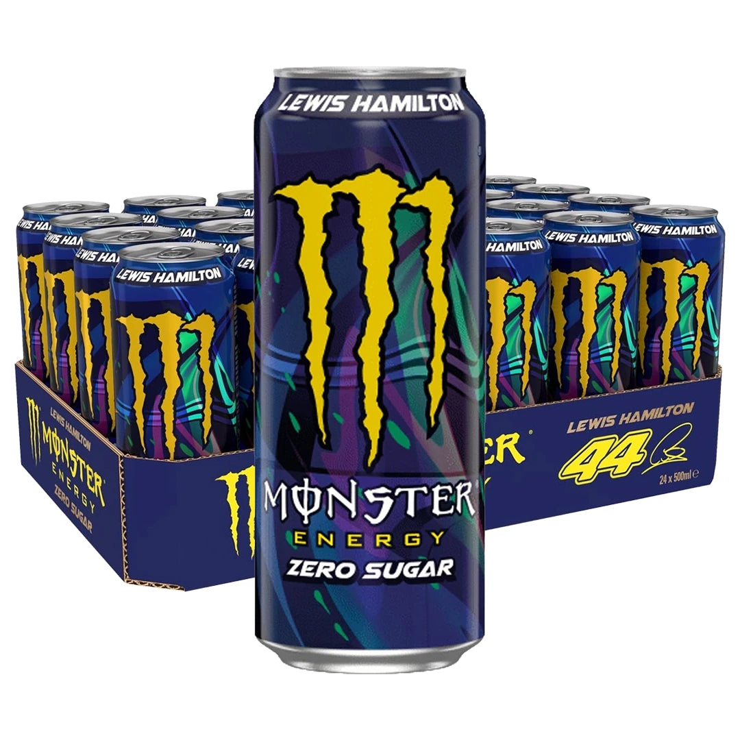 24 x Monster Energy 500 ml Lewis Hamilton (sokeriton) tummansinisessä laatikossa olevia värikkäitä energiajuomatölkkejä., kuva 1/1