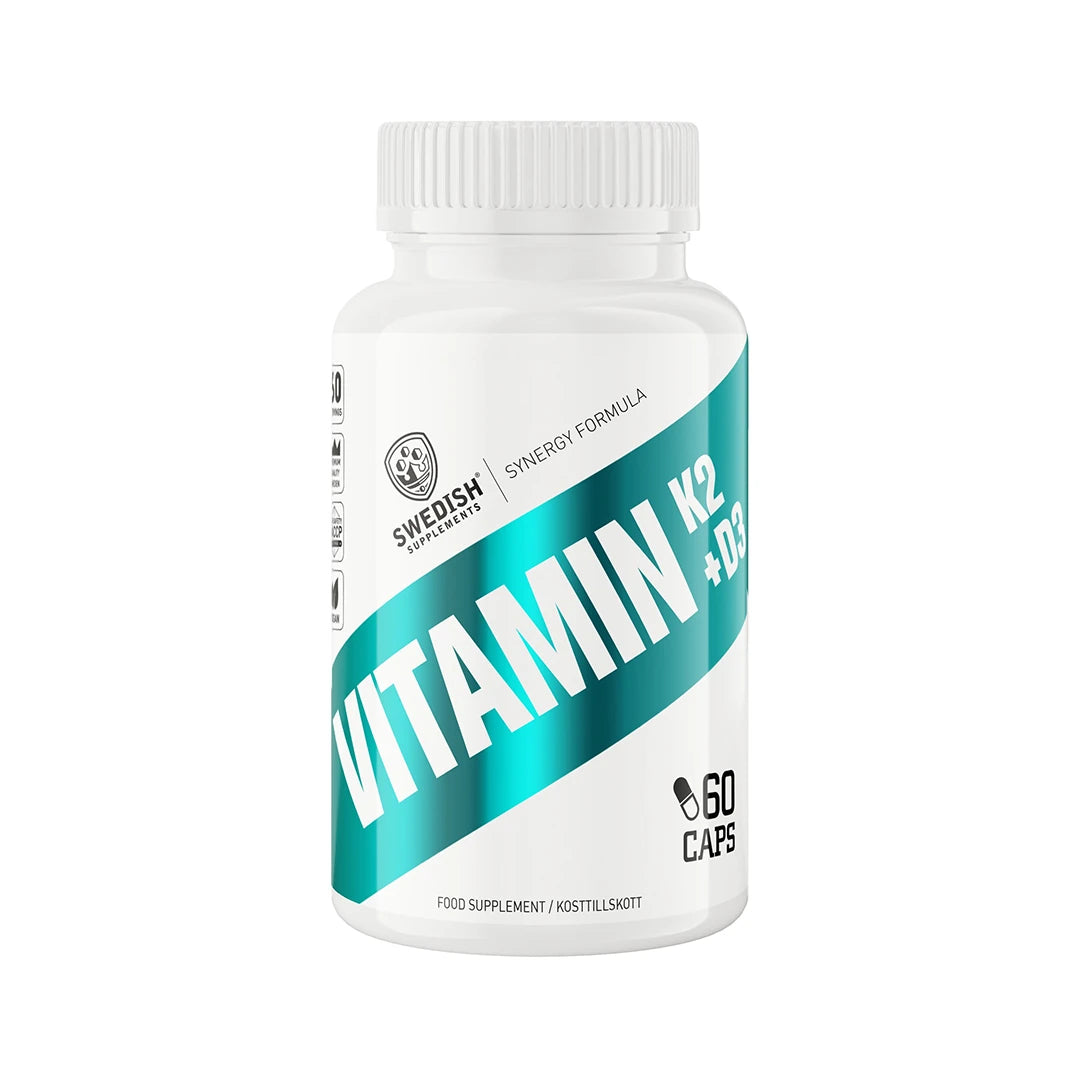 Swedish Supplements Vitamin K2 + D3 60 Caps -ravintolisä valkoisessa muovipurkissa turkooseilla yksityiskohdilla., kuva 1/1