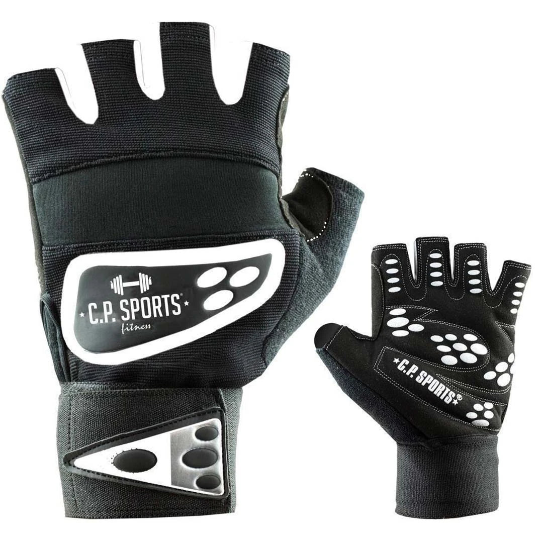 Mustat C.P. Sports Wrist Wrap Glove Black/White -treenihanskat valkoisilla yksityiskohdilla ja rannetuella., kuva 2/7