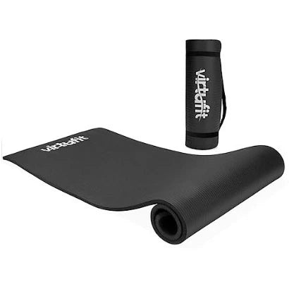 Musta nitriilikuminen Virtufit Fitness Mat 180 x 60 cm auki rullattuna, taustalla rullattu matto kantohihnalla., kuva 1/1