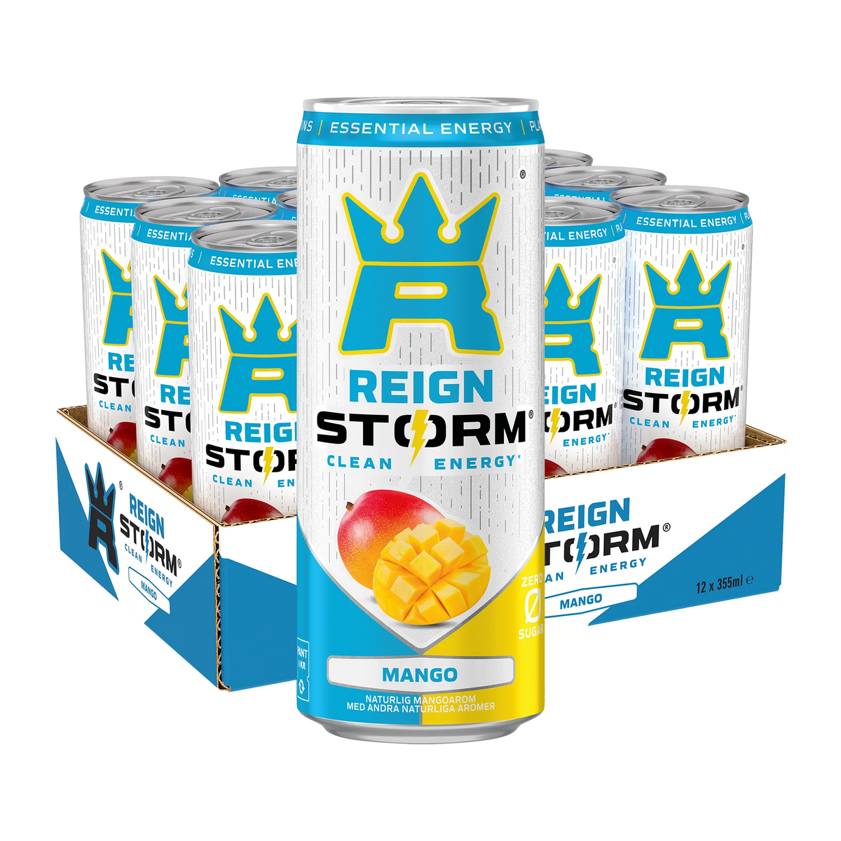 12 x Reign Storm Energy 355 ml Mango sinivalkoisessa laatikossa, jossa on yhteensopivat valkoiset tölkit.