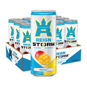 12 x Reign Storm Energy 355 ml Mango i ett blått och vitt flak med matchande vita burkar.