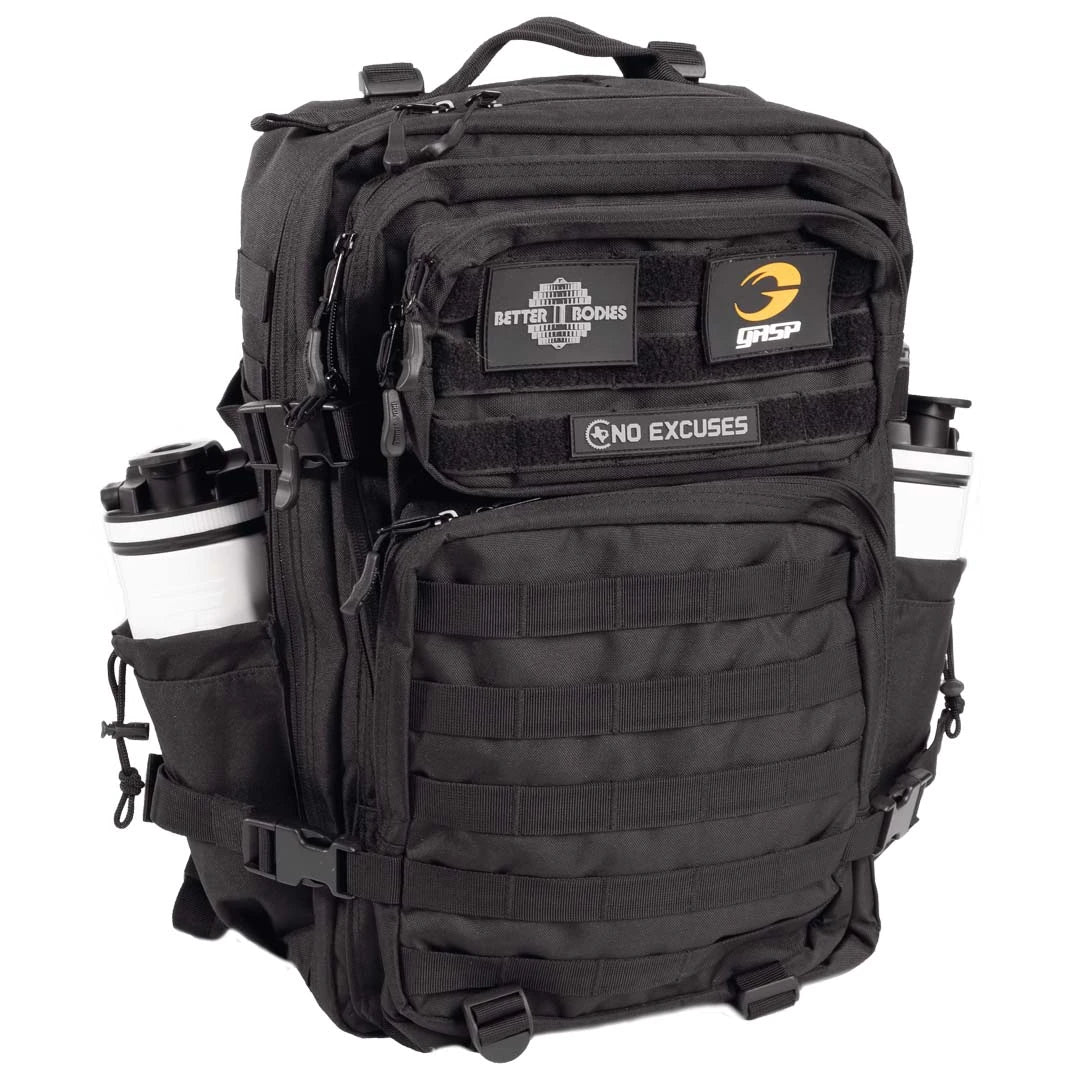 Musta Better Bodies Tactical Backpack Black -polyesterireppu, jossa on taktisia taskuja, merkkejä ja shakerit sivutaskuissa., kuva 1/1