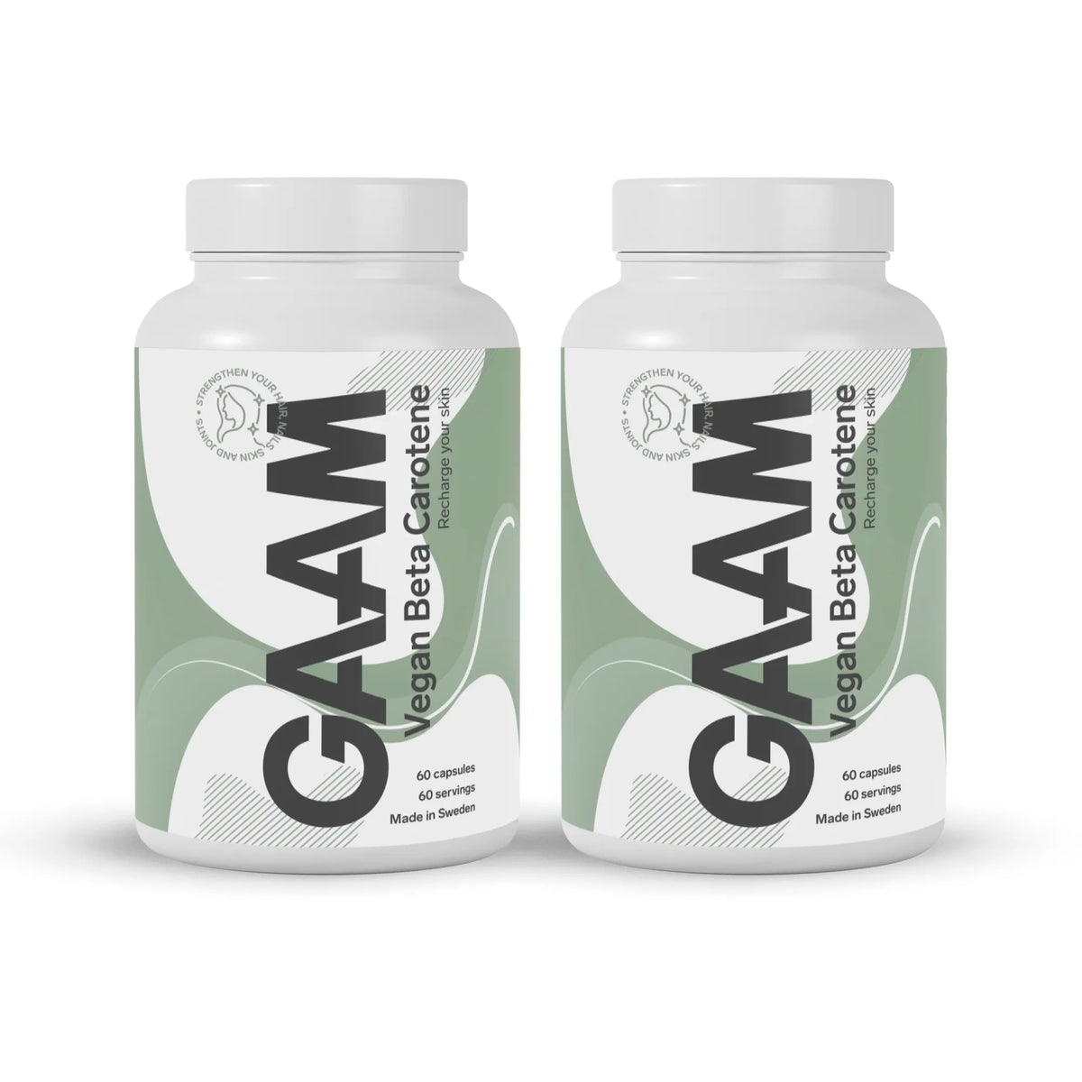2 x GAAM Vegan Beta carotene 60 caps -ravintolisä kahdessa valkoisessa purkissa vihreillä yksityiskohdilla.
