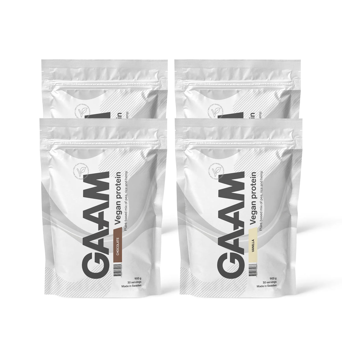 4 x GAAM Vegan Protein 900 g neljässä valkoisessa pussissa, makuvaihtoehtoina Chocolate ja Vanilla., kuva 1/1