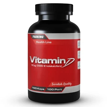 Fairing Vitamin D 100 caps, D-vitamiinilisä mustassa purkissa punaisella etiketillä., kuva 1/1
