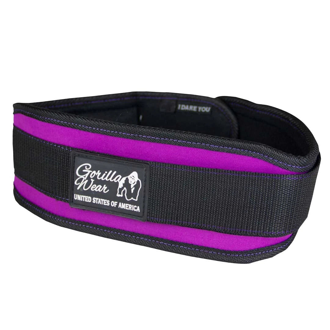 Naisten lila-musta nailoninen Gorilla Wear 4 Inch Women's Lifting Belt Black/Purple -treenivyö.