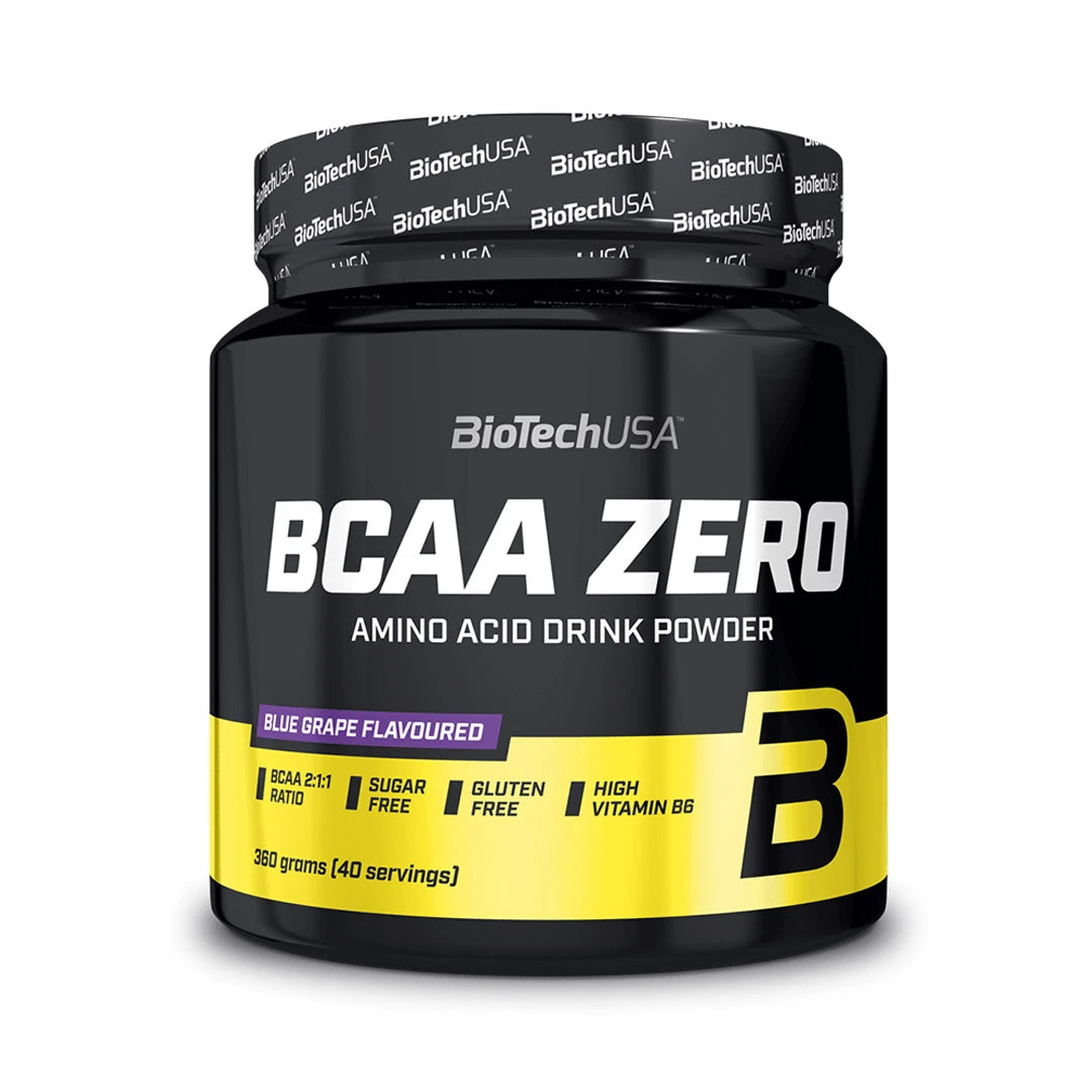 BioTechUSA BCAA Zero 360 g -aminohappojauhe mustassa purkissa, jossa keltainen etiketti ja makuna Blue Grape., kuva 1/1