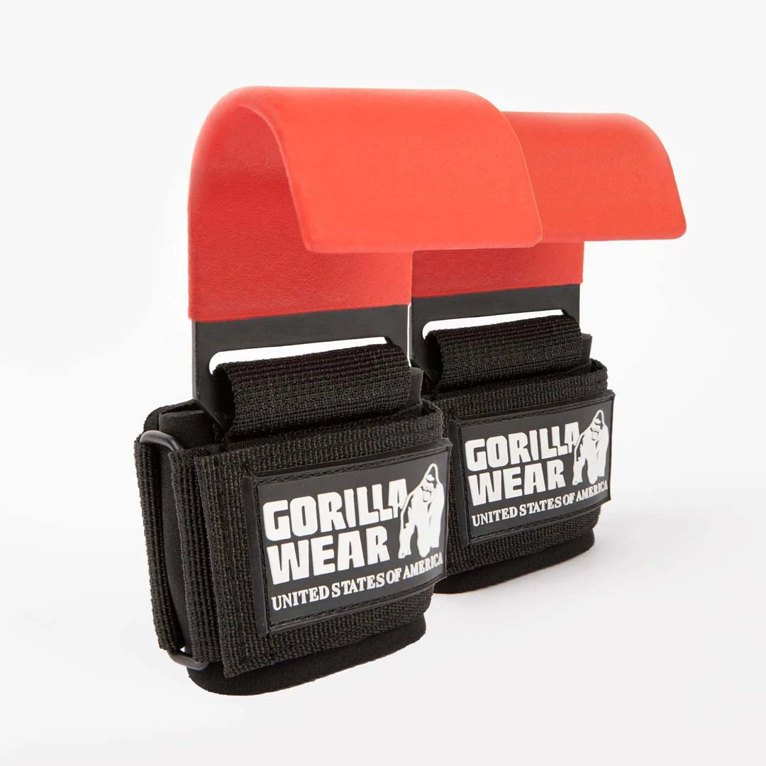Gorilla Wear Weight Lifting Hooks Black/Red med svarta handledsremmar i nylon och breda röda dragkrokar i stål.