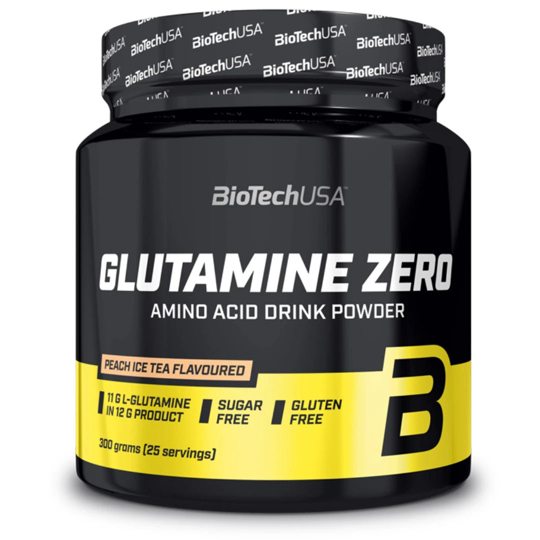 BioTechUSA Glutamine Zero 600 g -aminohappojauhe mustassa muovipurkissa keltaisilla yksityiskohdilla, makuna Peach Ice Tea., kuva 1/1